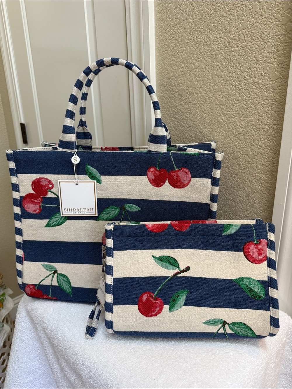 Shiraleah Navy & White Striped Cherry Print Tote and Pouch set NWT